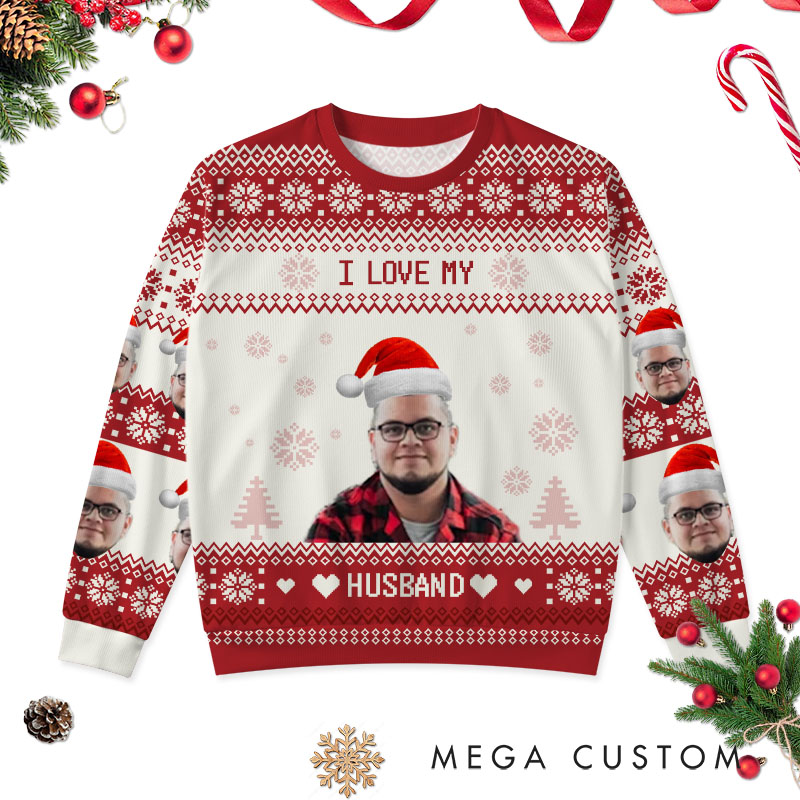 Personalized I Love My Wife Husband Christmas Sweaters Couple Photo Ugly Sweater Husband Wife Xmas Sweater with Photo