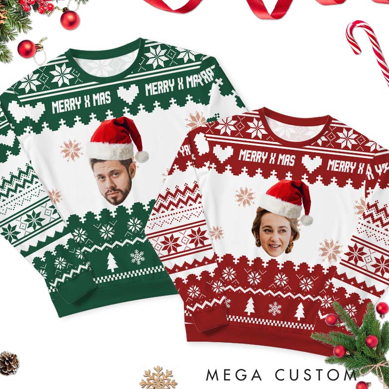 Personalized Merry X-Mas Couple Ugly Sweater with Santa Hat Husband Wife Christmas Sweater Couple Christmas Ugly Sweater with for Boyfriend Girlfriend