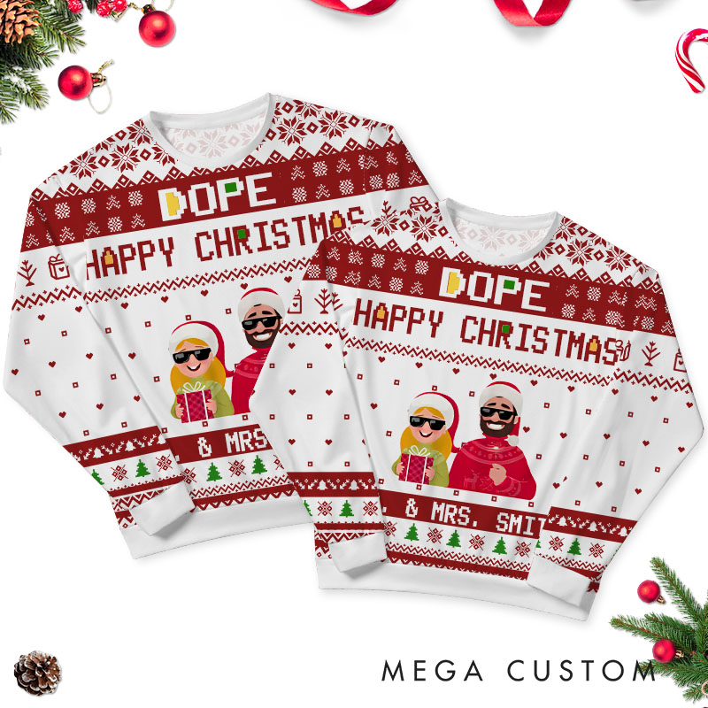 Personalized Couple Dope Happy Christmas Ugly Sweater Couple Xmas Crewneck Sweatshirt Christmas Gift for Boyfriend Girlfriend Husband Wife