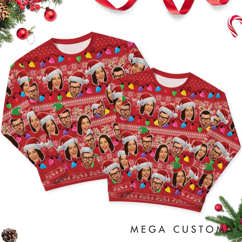 Personalized Couple Photo Patchwork Christmas Ugly Sweater Custom Couple Face Xmas Light Matching Crewneck Sweatshirt Christmas Gift for Husband Wife
