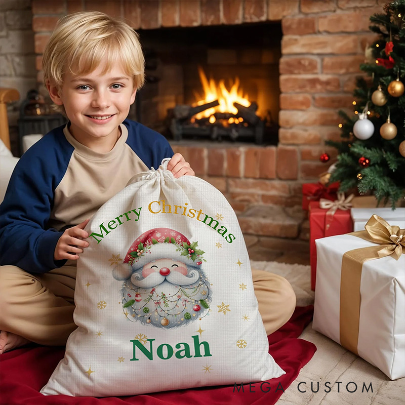 Personalized Merry Christmas Cute Cartoon Santa Claus Drawstring Canvas Christmas Gift Bag with Name Christmas Gift Religious Gift