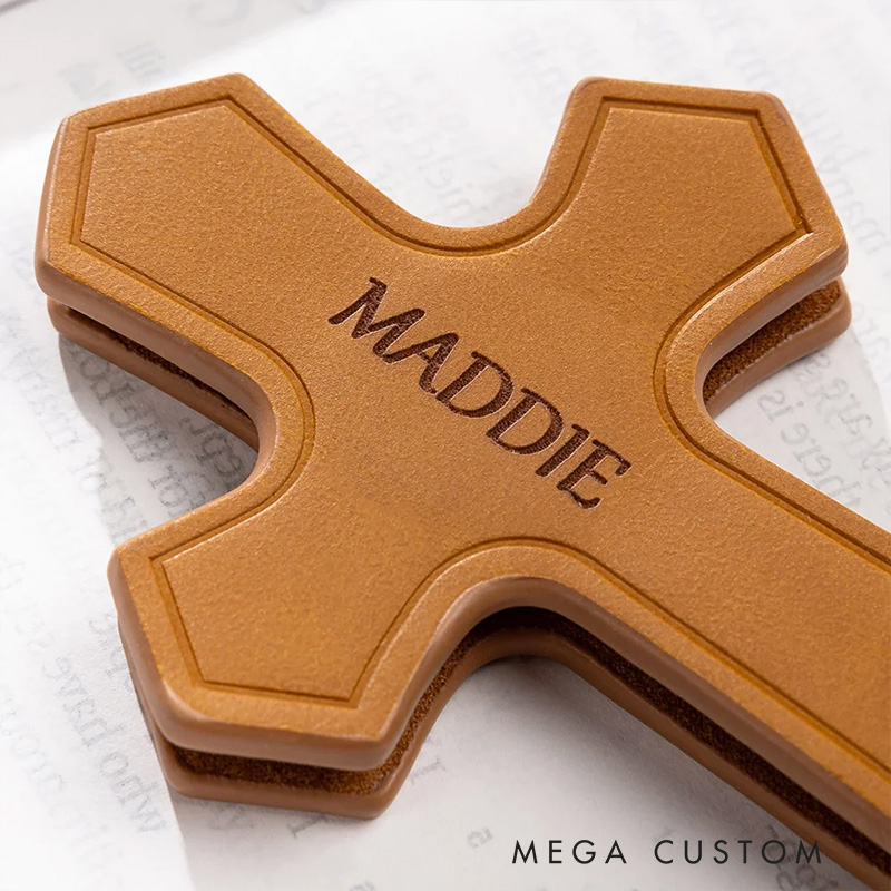 Personalized Engraved Name Cross PU Leather Magnetic Bookmark Clip Reading Accessory Religious Baptism Gift for Book Lover Christian