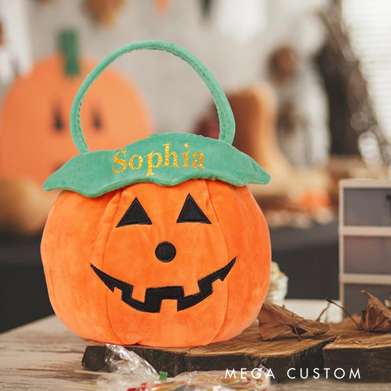 Personalized Lantern Halloween Treat Basket with Green Handle for Spooky Trick or Treat Fun