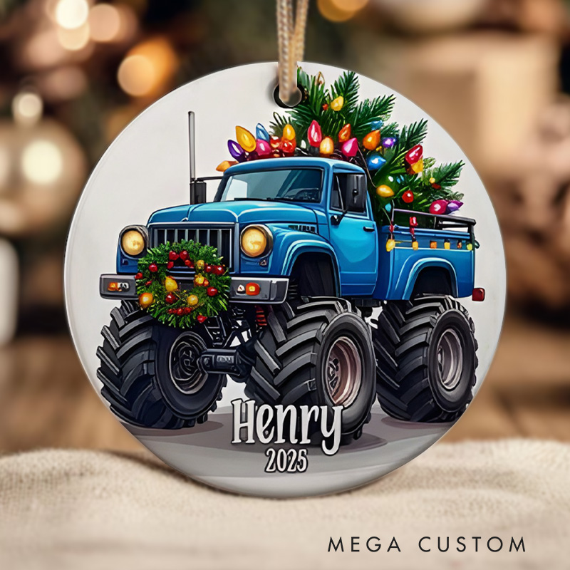 Personalized Monster Truck Christmas Ornament with Festive Decorations and Customizable Colors for Holiday Cheer