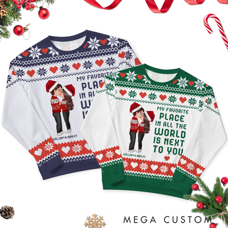 Personalized Christmas Hugging Kissing Couple Ugly Sweater Faux Knitting Ugly Sweater Xmas Gift for Him Her Couple Christmas Ugly Sweater