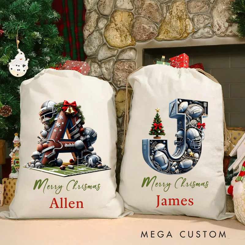 Personalized Christmas American Football Gift Bag with Custom Initial and Name Design
