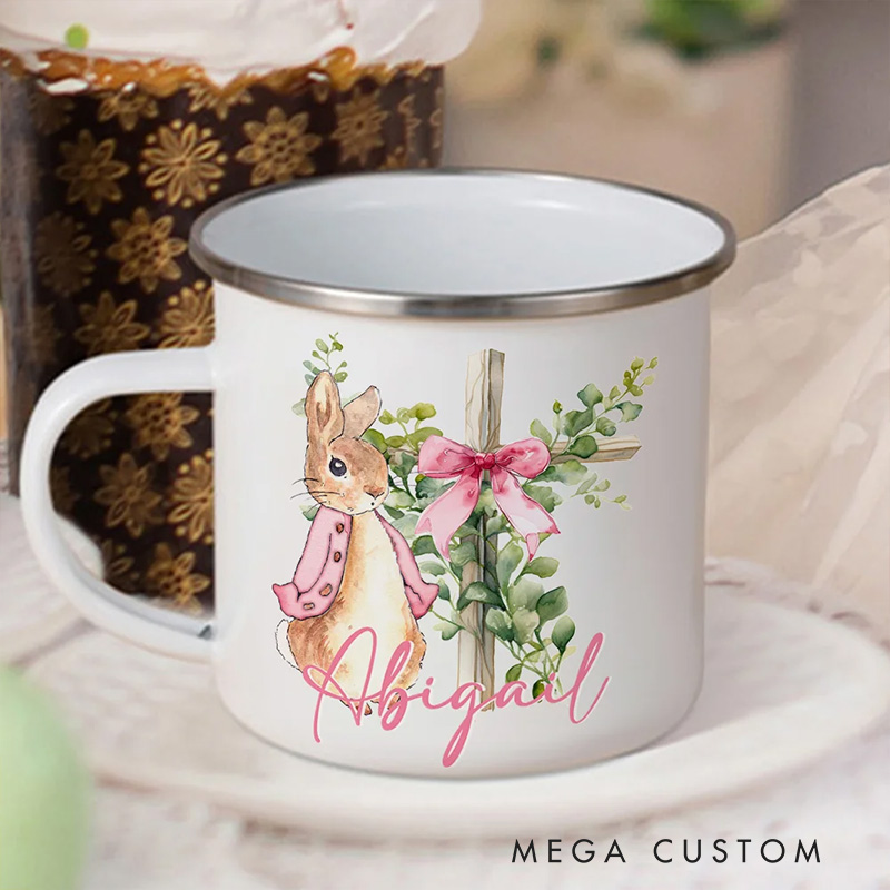 Personalized Cute Peter Rabbit Bow Cross Colored Rim Stainless Steel Enamel Mug with Name Easter Back to School Birthday Gift for Kids