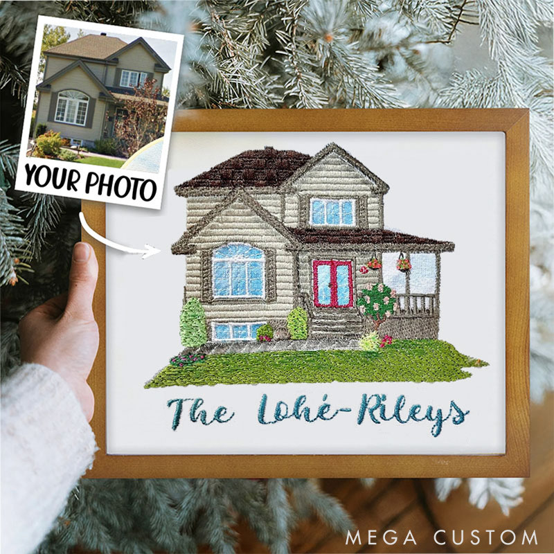 Personalized Embroidered House Photo Frame with Family Name Home Decor Wedding Housewarming Christmas Gift for Family Friends