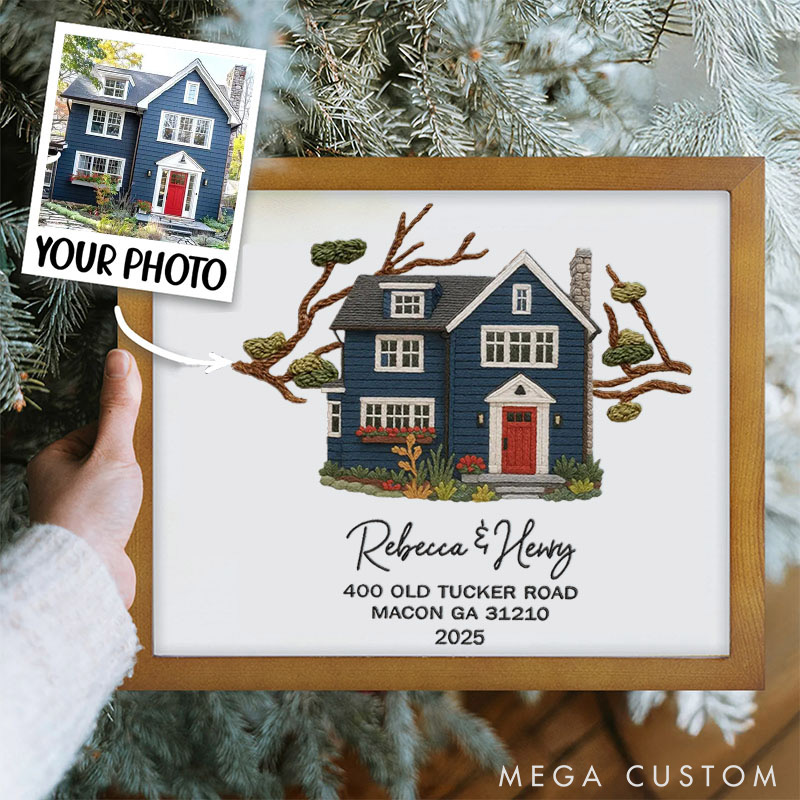 Personalized Embroidered House Photo Frame with Name Address Home Decor Custom Housewarming Gift from Photo New Home Wedding Christmas Gift for Family