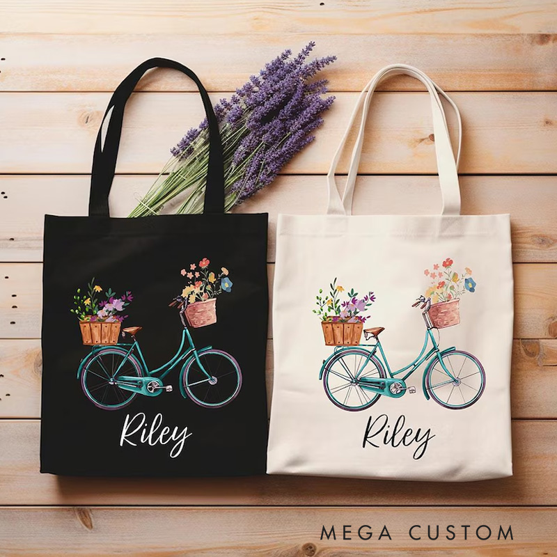 Personalized Bicycle Floral Tote Bag Vintage Bicycle Lover Gift Bag