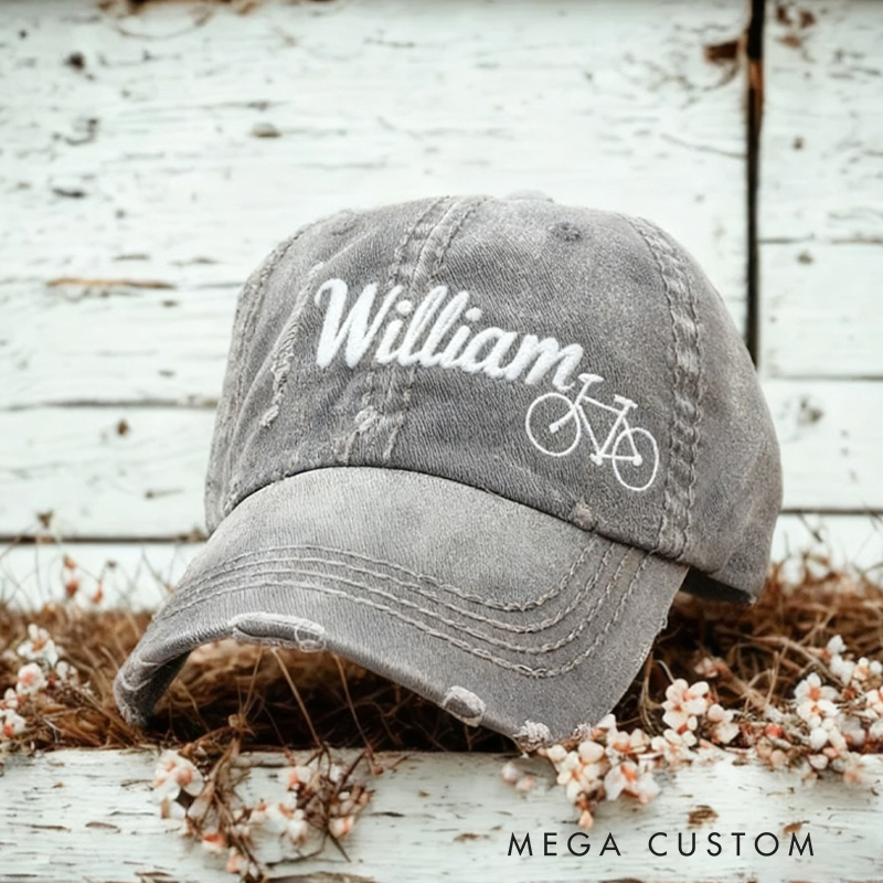 Personalized Embroidered Bicycle Hat Distressed Baseball Cap Small Road Bike for Cycling Lovers
