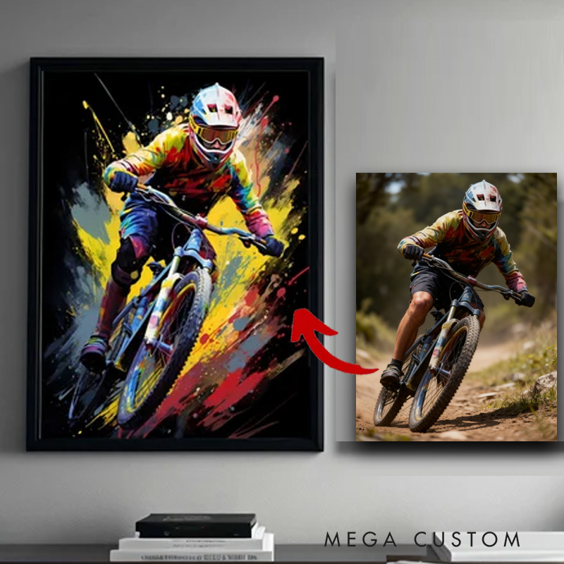 Personalized Photo Mountain Bike Pop Art Prints Cycling Poster MTB Bike Wall Art Sports Printable Bicycle Downhill Sport Boys Room Art Decor