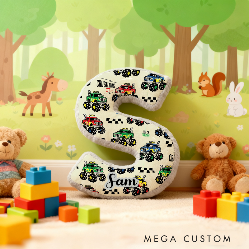Personalized Monster Truck Vehicle Themed Alphabet Pillow with Custom Name Gift for Kids