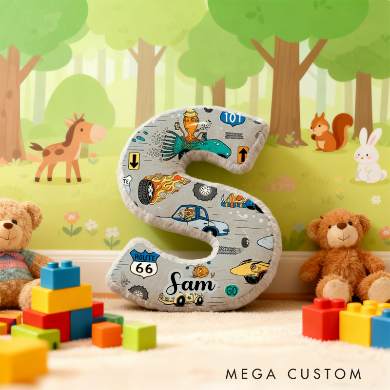 Personalized Retro Vehicle Themed Alphabet Pillow with Custom Name Gift for Kids Vehicle Fans