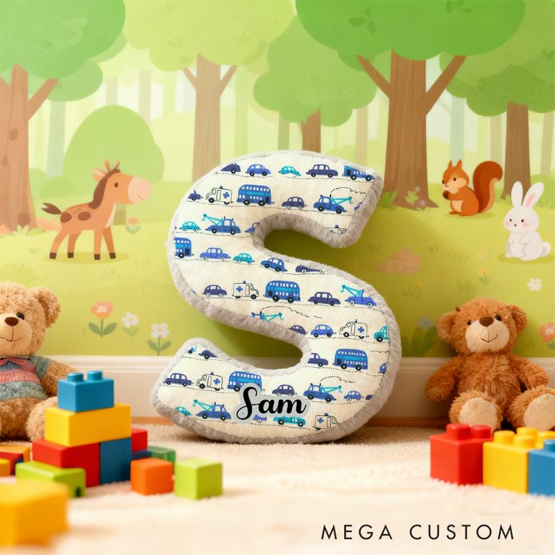 Personalized Blue Cartoon Vehicle Themed Alphabet Pillow with Custom Name Gift for Kids Vehicle Fans