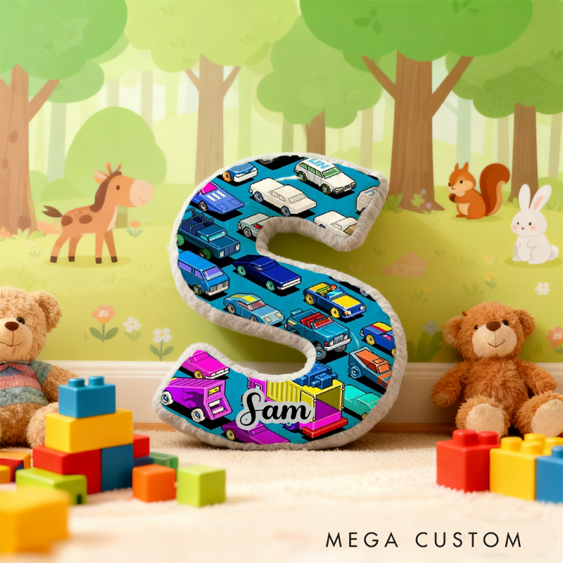 Personalized Colorful Vehicle Themed Alphabet Pillow with Custom Name Gift for Kids Vehicle Fans