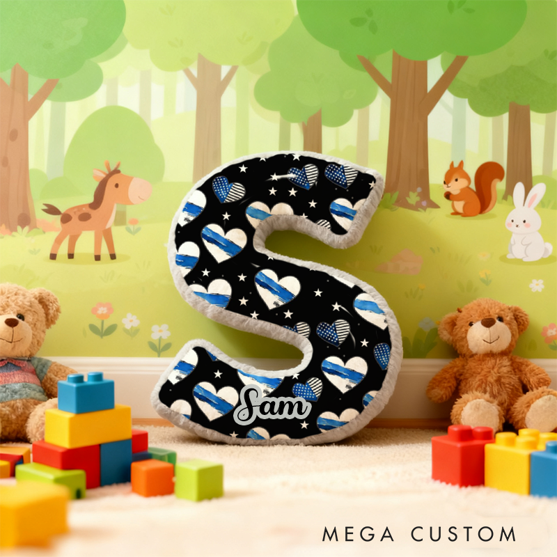 Personalized Letter Shaped Back the Blue Pillow with Heart and Star Design Custom Name Gift for Kids