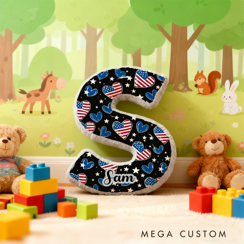 Personalized Letter Shaped Pillow with American Flag Heart Design Custom Name Gift for Police Kids