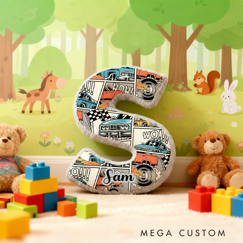 Personalized Monster Truck Letter Shaped Pillow Custom Name Design Car Enthusiasts and Motorsport Fans Gift