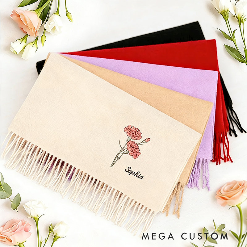 Personalized Birth Flower Soft Warm Tassel Scarf with Name Winter Accessory Anniversary Birthday Gifts