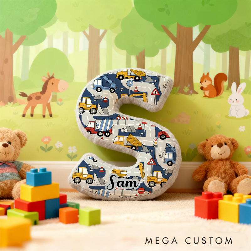 Personalized Construction Vehicle Alphabet Pillow with Custom Name Gift for Kids and Vehicle Fans