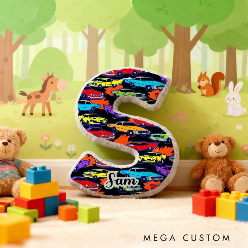 Personalized Racing Vehicle Themed Initial Pillow with Custom Name Gift for Kids and Vehicle Enthusiasts