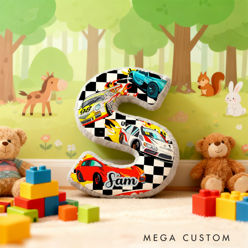 Personalized Racing Vehicle Themed Alphabet Pillow with Custom Name Gift for Kids and Vehicle Fans
