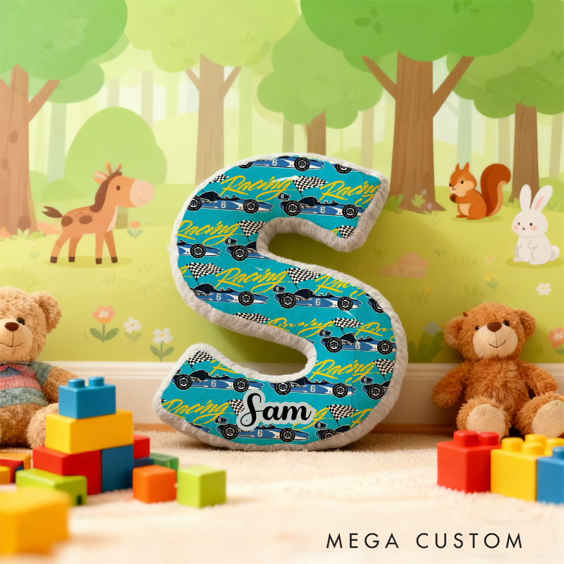 Personalized Racing Vehicle Themed Alphabet Pillow with Custom Name Gift for Kids and Vehicle Enthusiasts