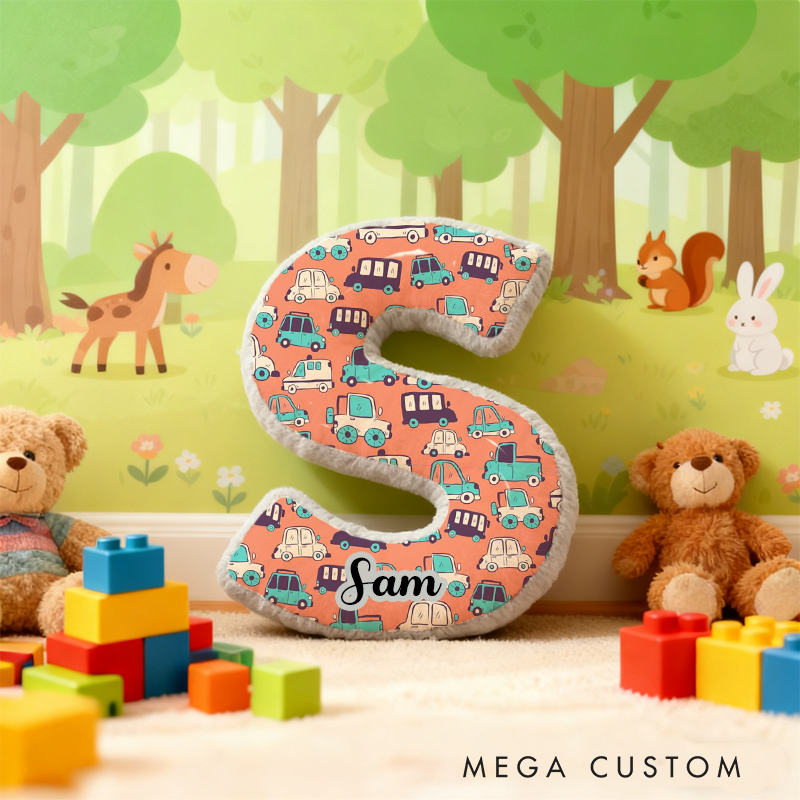 Personalized Cartoon Vehicle Themed Alphabet Pillow with Custom Name Gift for Kids