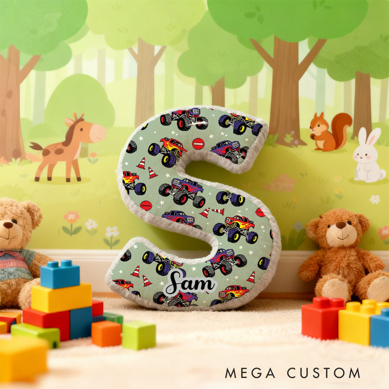 Personalized Monster Truck Vehicle Themed Alphabet Pillow with Custom Name Gift for Kids
