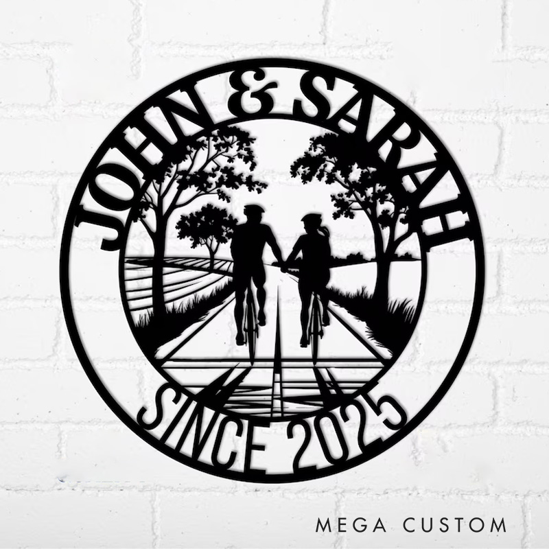 Personalized Cyclist Couple Metal Wall Art Unique Bicycle Themed Wedding Anniversary Gift for Bedroom Decor