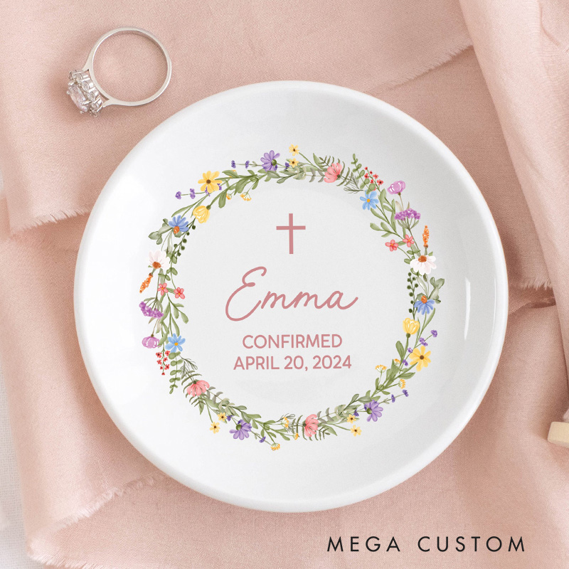 Personalized Floral Wreath Ring Dish Jewelry Tray with Name and Text Confirmation Gift Religious Gift for Christians 