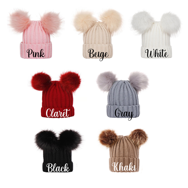 Personalized Double Pom Pom Baby Knitted Winter Hat with Embroidery Name Baby Shower Christmas Day Birthday Gift for Kid Newborn