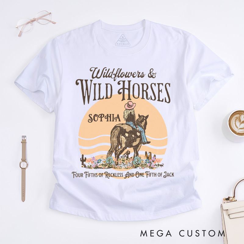 Personalized Wild Horses Western Classic T-Shirts Custom Name Cowgirl Country Music Retro Shirt Unique Gift for Women Girls Horse Lovers Birthday