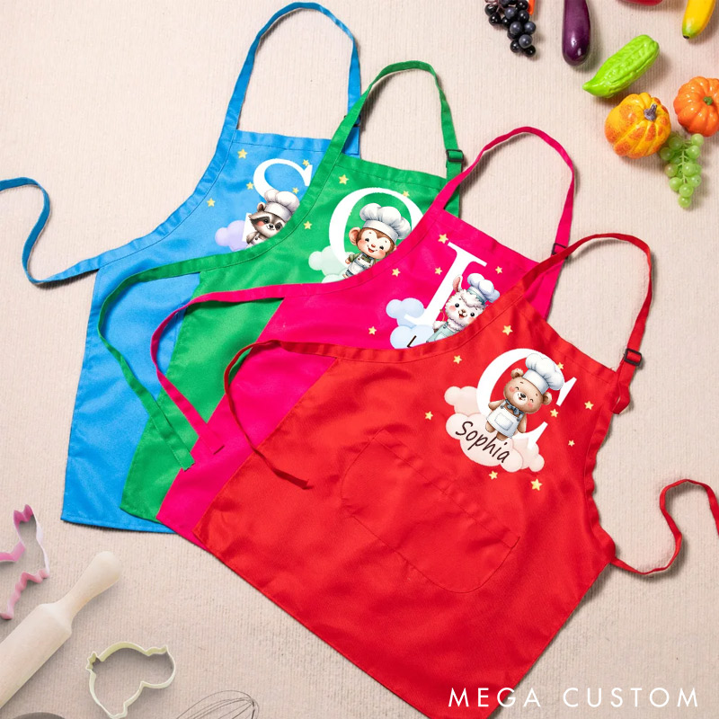 Personalized Cute Forest Animal Panda Elephant Adjustable Kid Apron Chef Hat Set with Name and Initial Handcraft Activities Birthday Gift for Kids