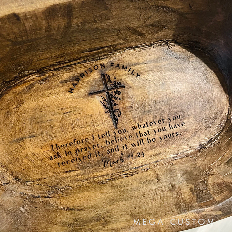 Personalized Bible Verse Cross Prayer Bowl Dough Bowl with Engraved Family Name Home Decor Religious Gift for Christians