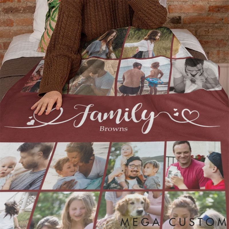Personalized Multicolor 16 Photos Collage Soft Family Throw Blanket with Name Birthday Christmas Home Decoration Gift for Family