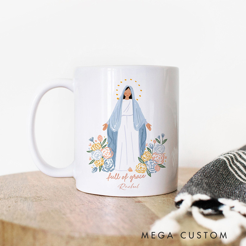 Personalized Full of Grace Virgin Mary Ceramic Mug with Floral Accents Catholic Religious Gift Birthday Gift for Women and Girls 