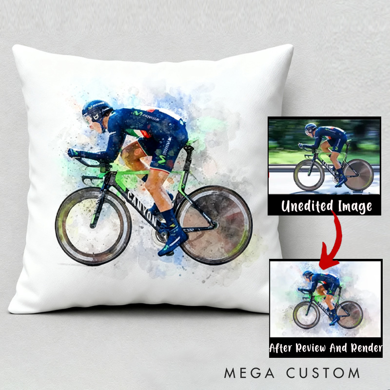 Personalized Photo Pillow for Cycling Lovers Bicycle Cartoon Watercolour Cyclist Gift Idea Cycling Present Housewarming First Home Gift  Custom Throw Pillow