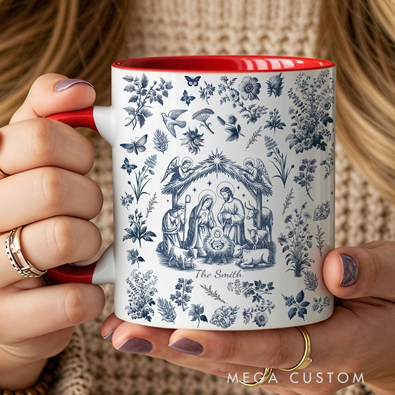 Personalized Nativity Scene Toile Ceramic Mug with Name Religious Inspirational Gift Christmas Gift for Christians