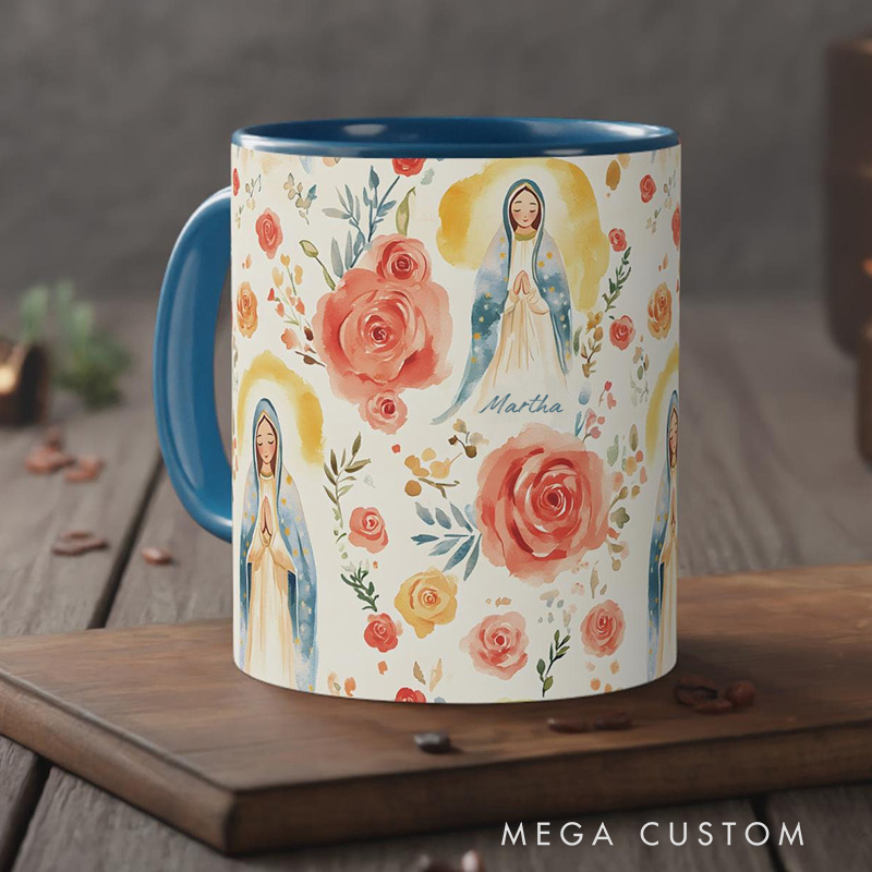 Personalized Rose Virgin Mary Ceramic Mug with Name Religious Inspirational Gift Catholic Gift for Christians