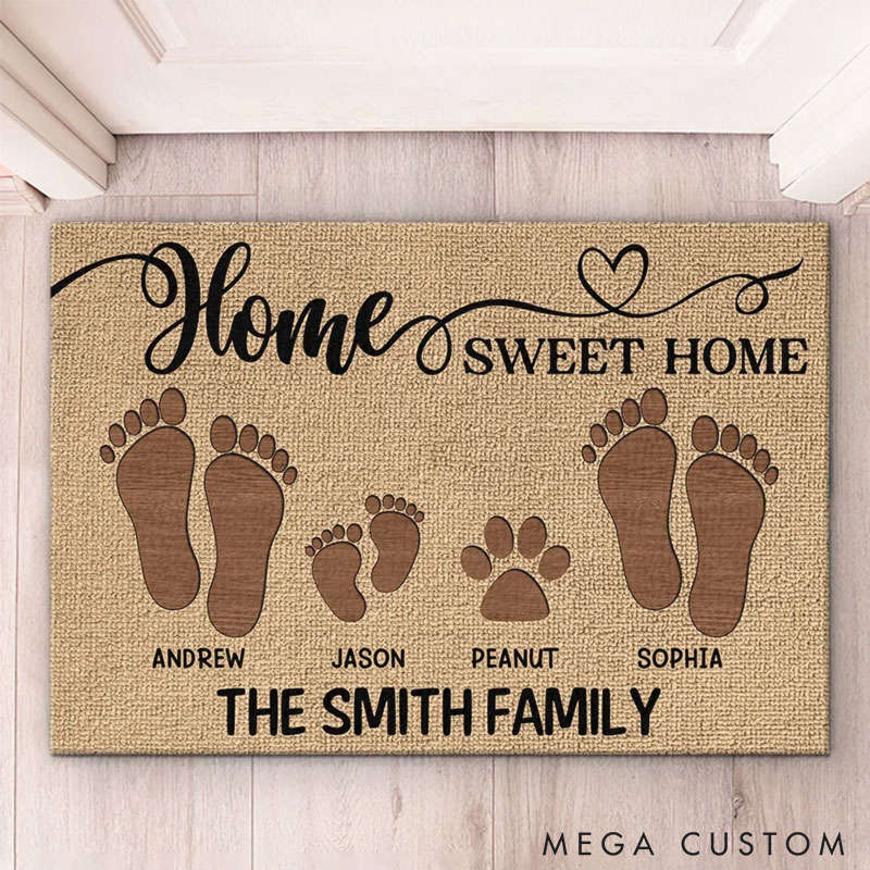 Personalized Home Sweet Home Doormat Custom Family Footprint Welcome Mat Perfect Housewarming Gift Durable Entryway Rug for New Home Indoor Outdoor Decor