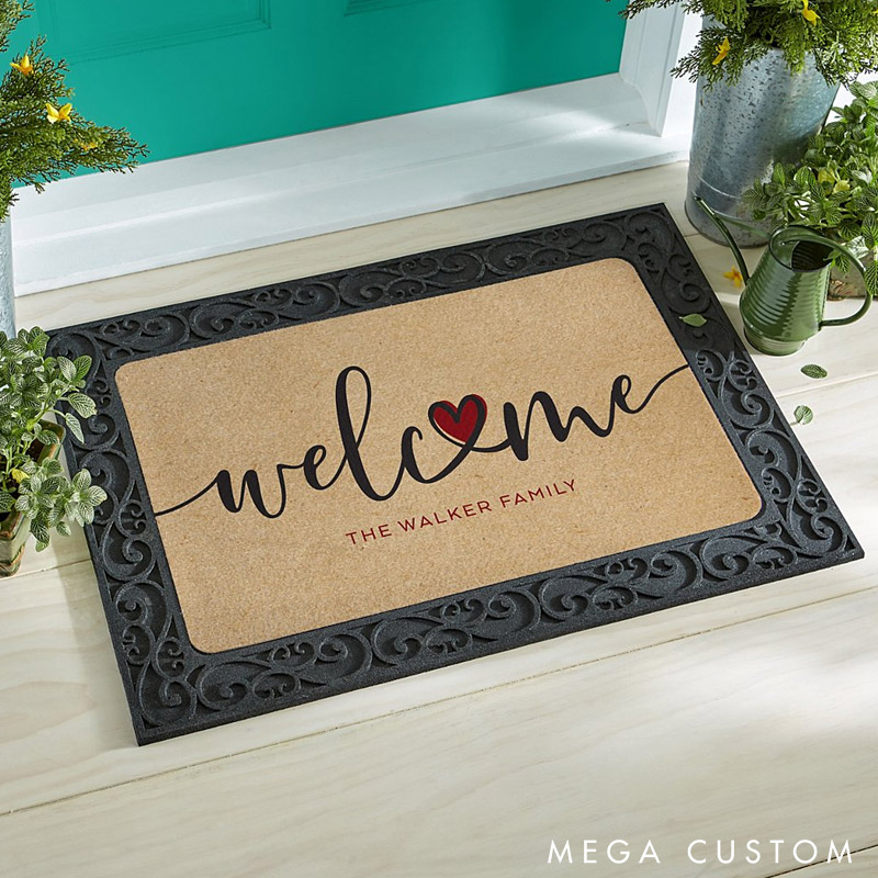Personalized Welcome Doormat Custom Family Name Rug Perfect Housewarming Gift for New Home Heart Design Durable Entryway Mat for Indoor Outdoor Decor