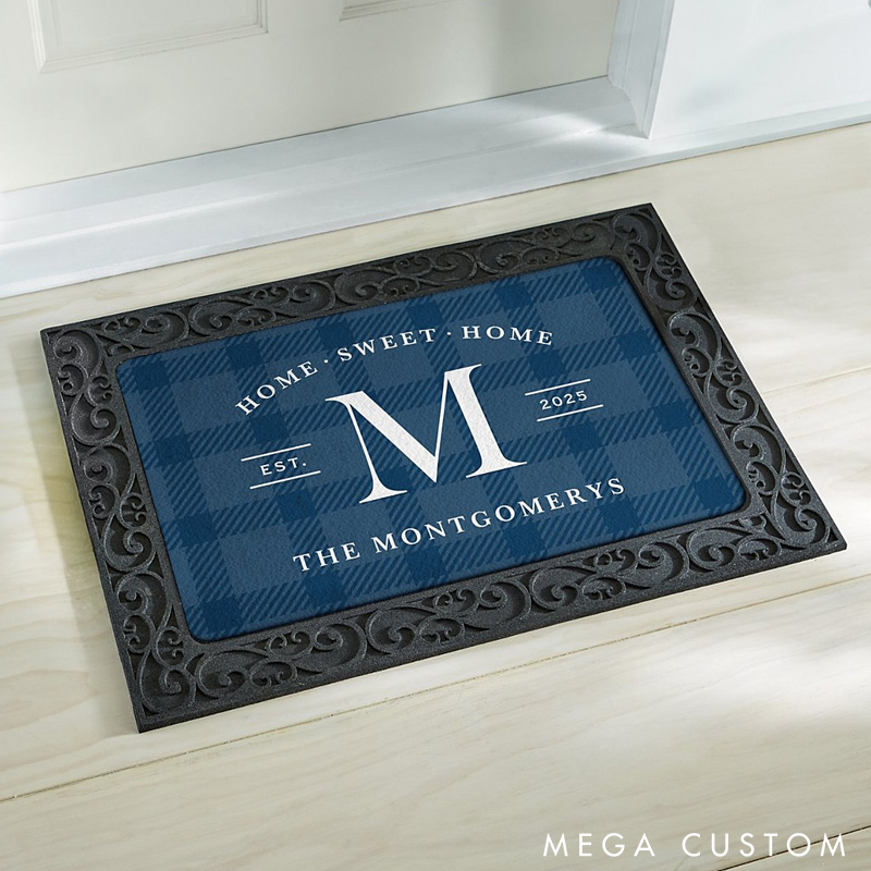 Personalized Home Sweet Home Doormat Custom Family Name and Monogram Rug Perfect Housewarming Gift for New Home Elegant Entryway Decor Durable Indoor Outdoor Mat