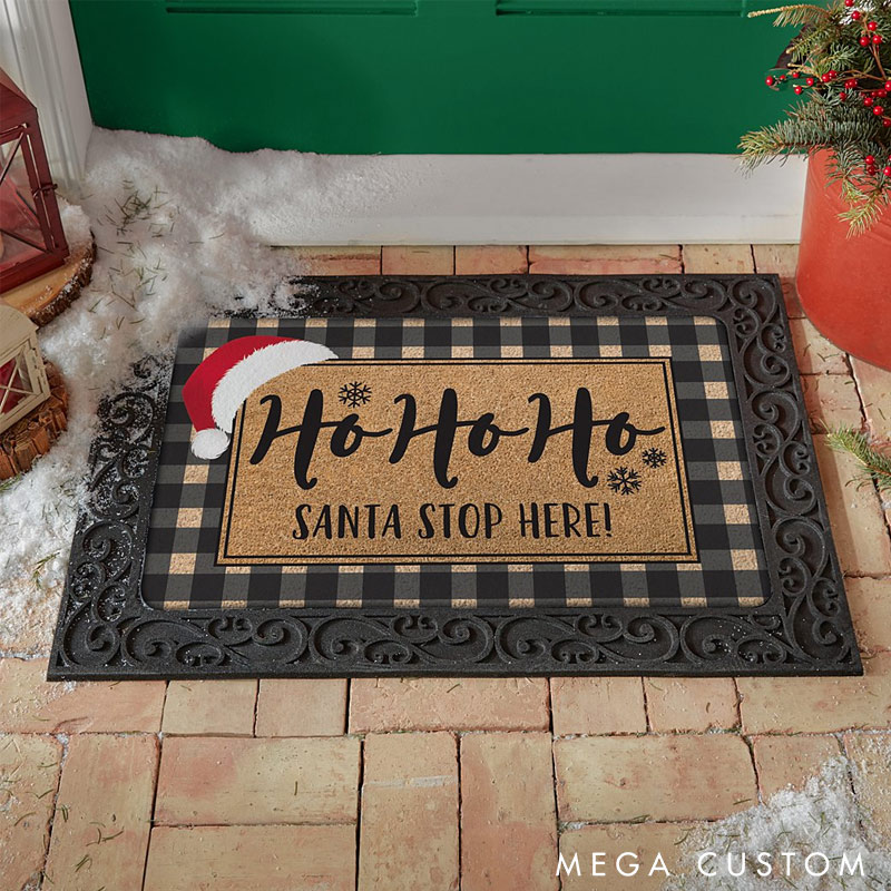 Personalized Ho Ho Ho Doormat Custom Santa Stop Here Holiday Rug Perfect Christmas Housewarming Gift for New Home Festive Entryway Decor Durable Indoor Outdoor Mat