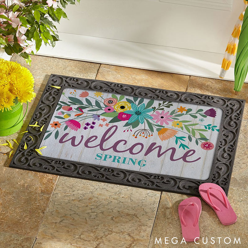 Personalized Welcome Spring Doormat Custom Floral Design Rug Perfect Housewarming Gift for New Home Seasonal Entryway Decor Durable Indoor Outdoor Mat
