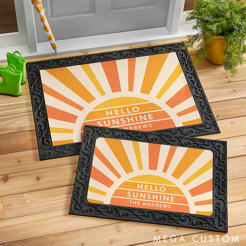 Personalized Hello Sunshine Doormat Custom Family Name Rug Perfect Housewarming Gift for New Home Bright Entryway Decor Durable Indoor Outdoor Mat