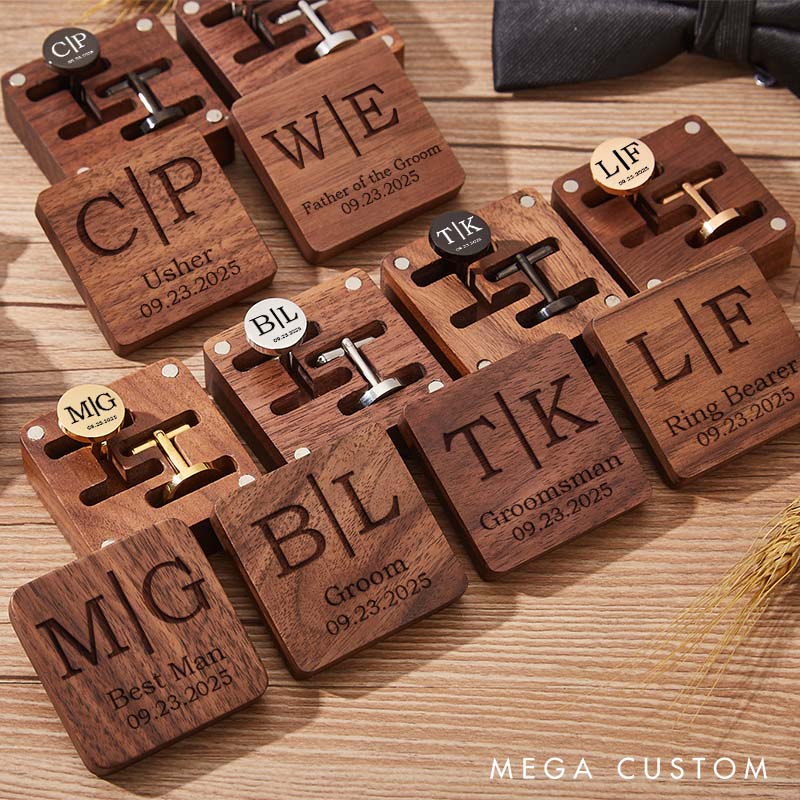 Personalized Wooden Cufflink Gift Set Custom Groomsman Wedding Cufflinks Box Set with Cufflinks Groomsman Proposal Gift