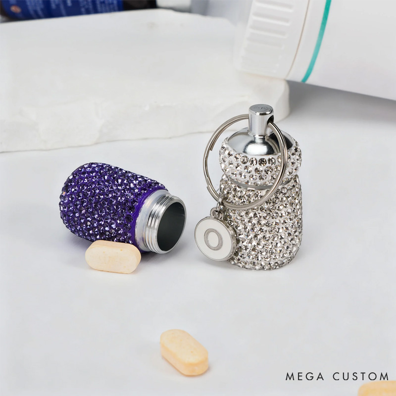 Personalized Glitter Rhinestone Capsule Shape Pill Storage Keychain with Initial Travel Use Birthday Gift for Women Medication Users