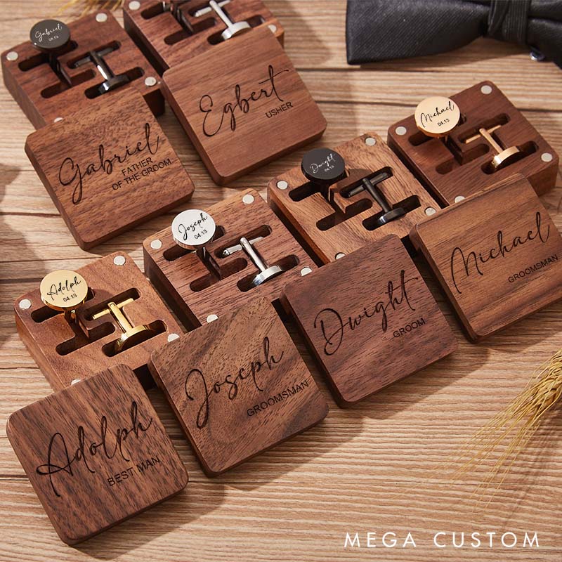 Personalized Wooden Cufflink Box Set Custom Handcrafted Wedding Party Gift Cufflinks Box Bachelor Party Favors Cufflink Engraved Men's Cufflinks